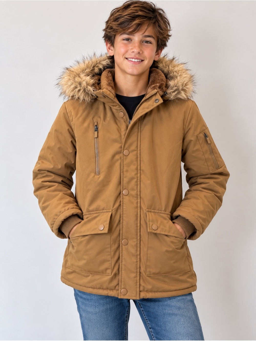 SOHO Boys Club Faux Fur Lined Winter Parka | Boys 14/16 | Camel/Tan